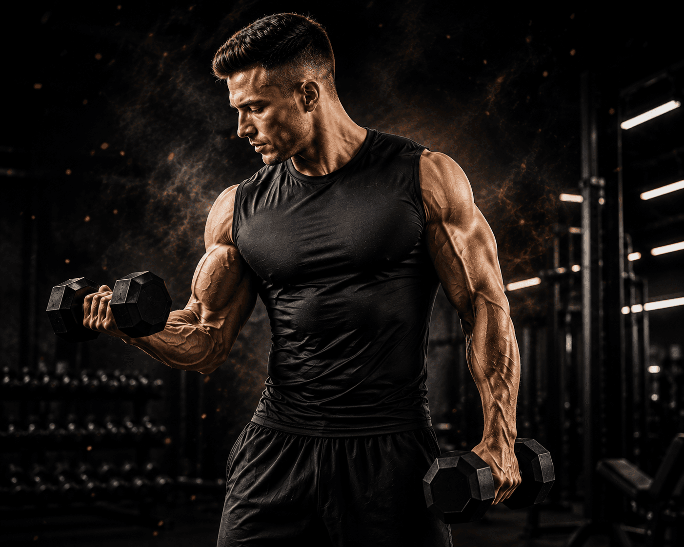 Gym member mid dumbbell curl on the training floor